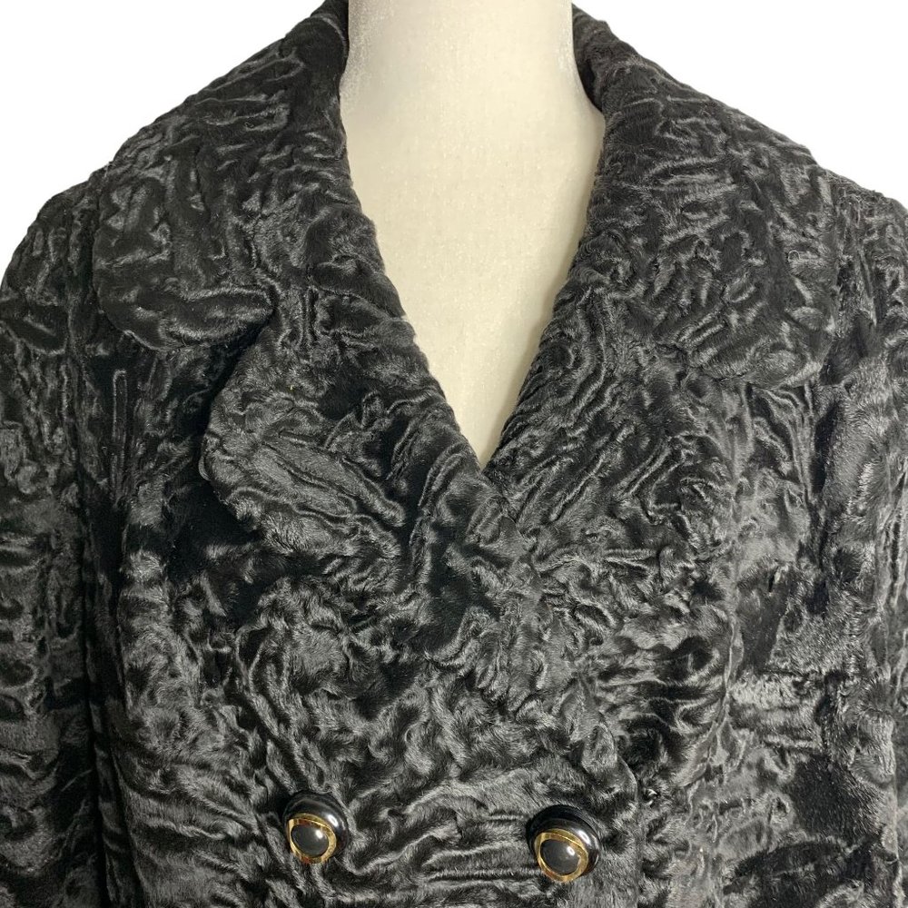Vintage 60s Pelz Zeller Curly Lamb Wool Fur Coat L Black Hook Closure Pockets - Picture 2 of 6